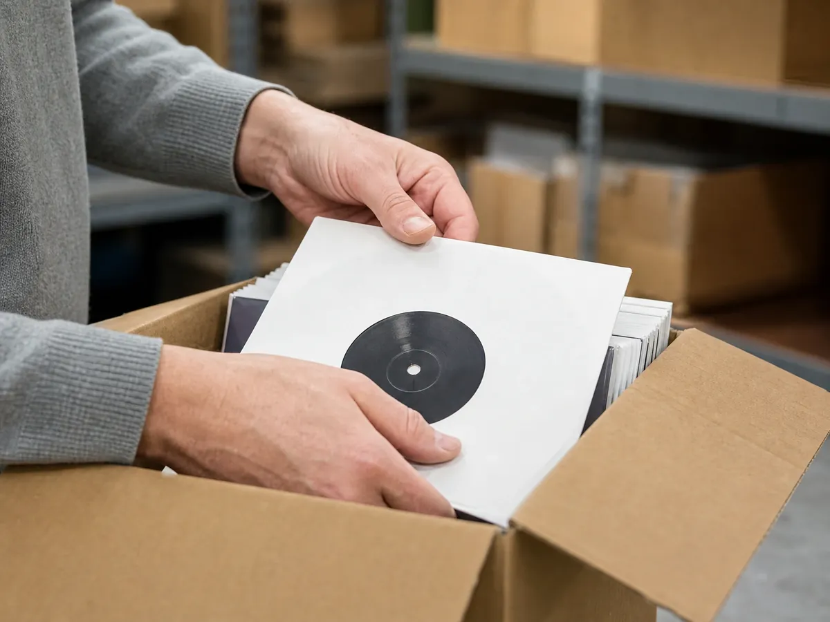 Schallplatten werden im Lager eines kleinen Musiklabels für den Versand an den Handel verpackt