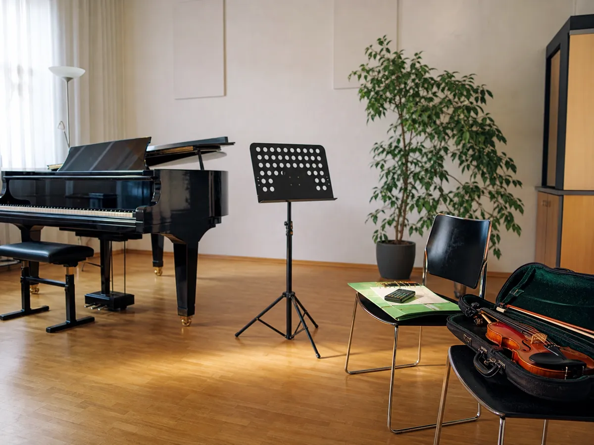 Unterrichtsraum einer Musikschule mit Klavier, Geigenkoffer und Ordner für die Steuerunterlagen