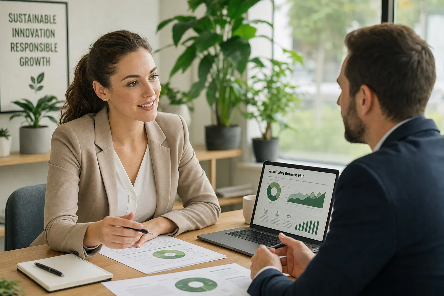 Gründerin bespricht mit einem Mann am Schreibtisch einen Businessplan, daneben Pflanzen und ein Laptop mit Diagrammen