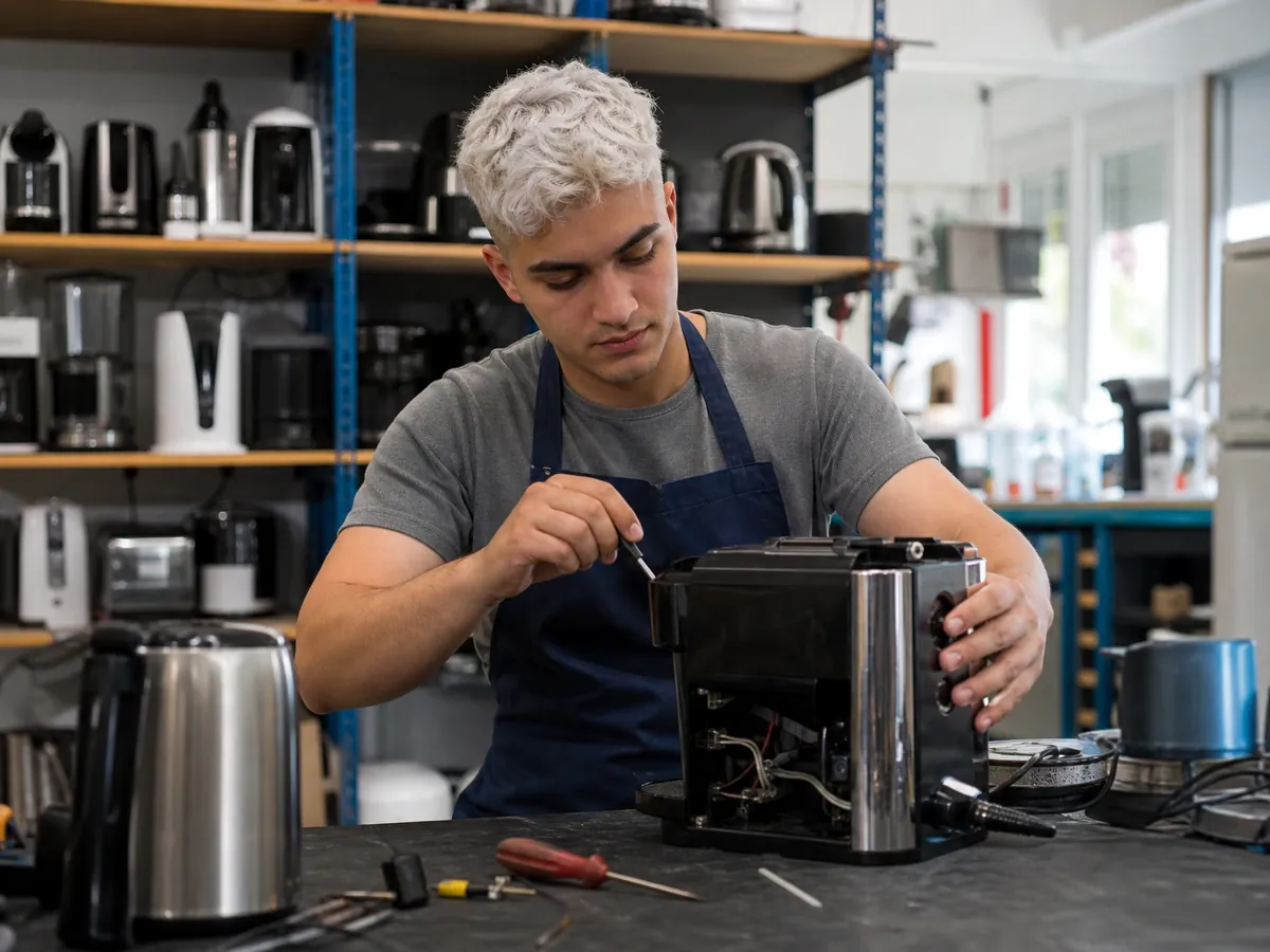 Gründer eines nachhaltigen Unternehmens repariert in seiner Werkstatt gebrauchte Haushaltsgeräte