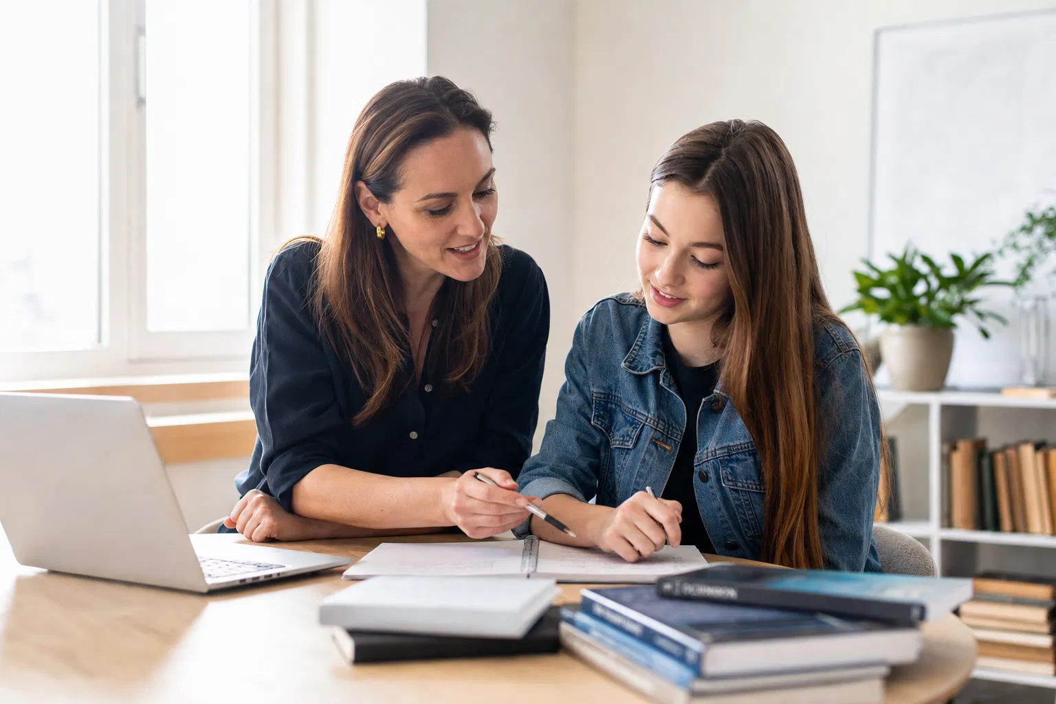 Frau erklärt einer jungen Schülerin am Tisch mit Büchern und Laptop eine Aufgabe