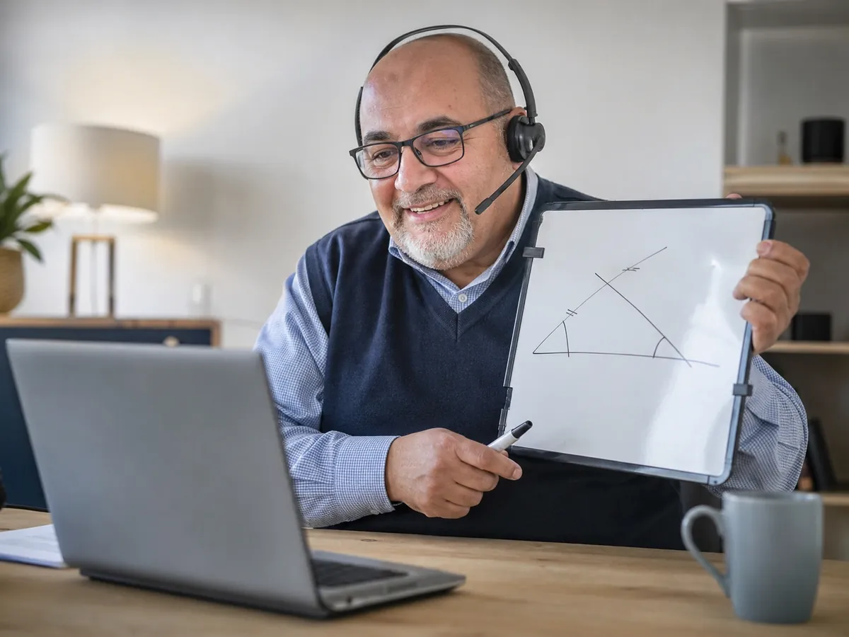 Nachhilfelehrer gibt Online-Nachhilfe per Video und zeigt eine Skizze am Whiteboard