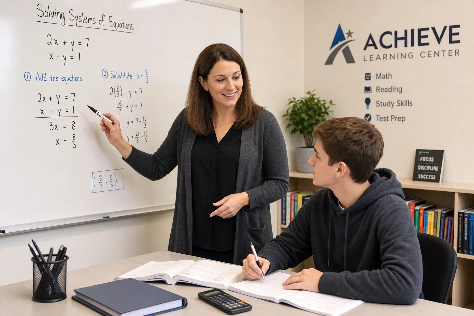 Lehrerin erklärt an einem Whiteboard eine Matheaufgabe, ein Schüler schreibt am Tisch mit