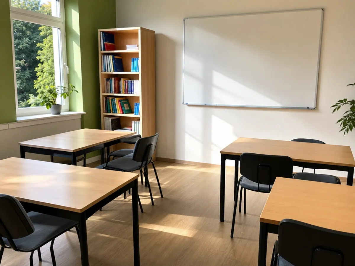 Neu eingerichteter Unterrichtsraum eines Nachhilfeinstituts mit Gruppentischen und Whiteboard
