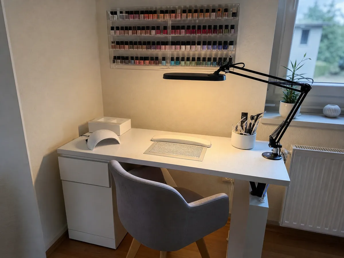 Eingerichteter Nageltisch in einer Zimmerecke als günstiger Start für ein eigenes Nagelstudio