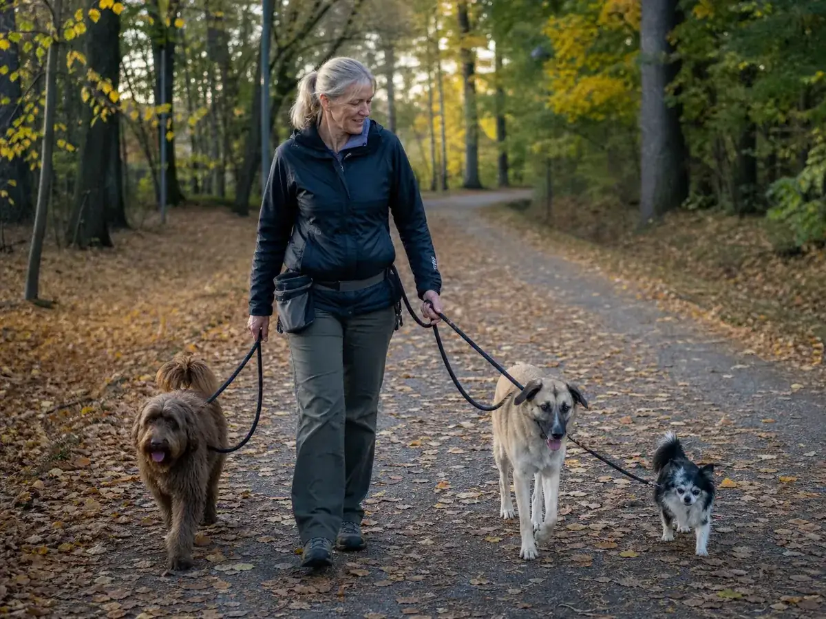 Frau bietet nebenberuflich einen Gassi-Service an und führt drei Hunde durch den Stadtpark