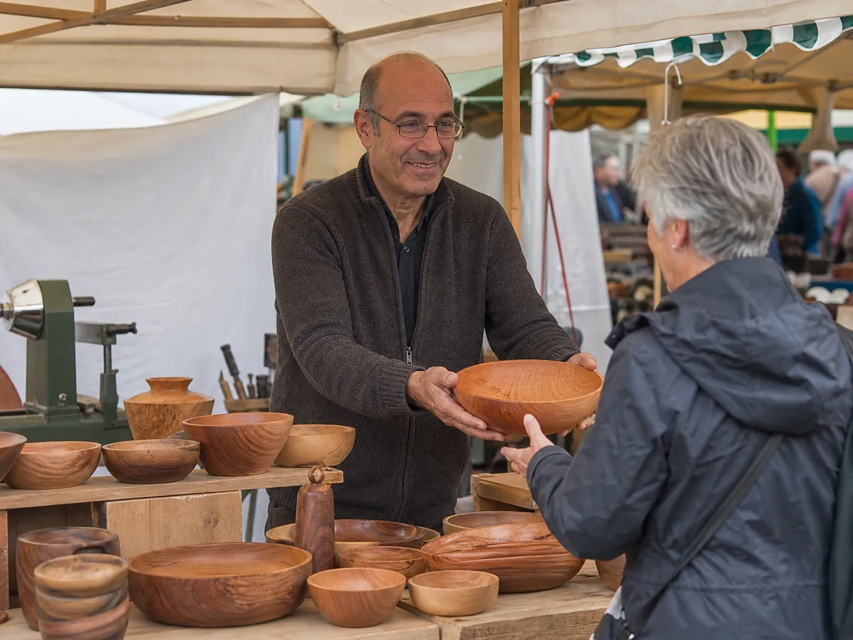 Mann verkauft nebenberuflich selbst gedrechselte Holzschalen an seinem Stand auf dem Wochenmarkt