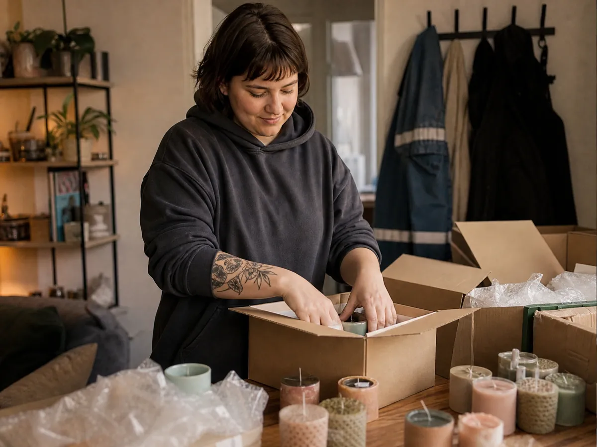 Junge Frau verpackt nach Feierabend selbst gegossene Kerzen für ihren nebenberuflichen Verkauf