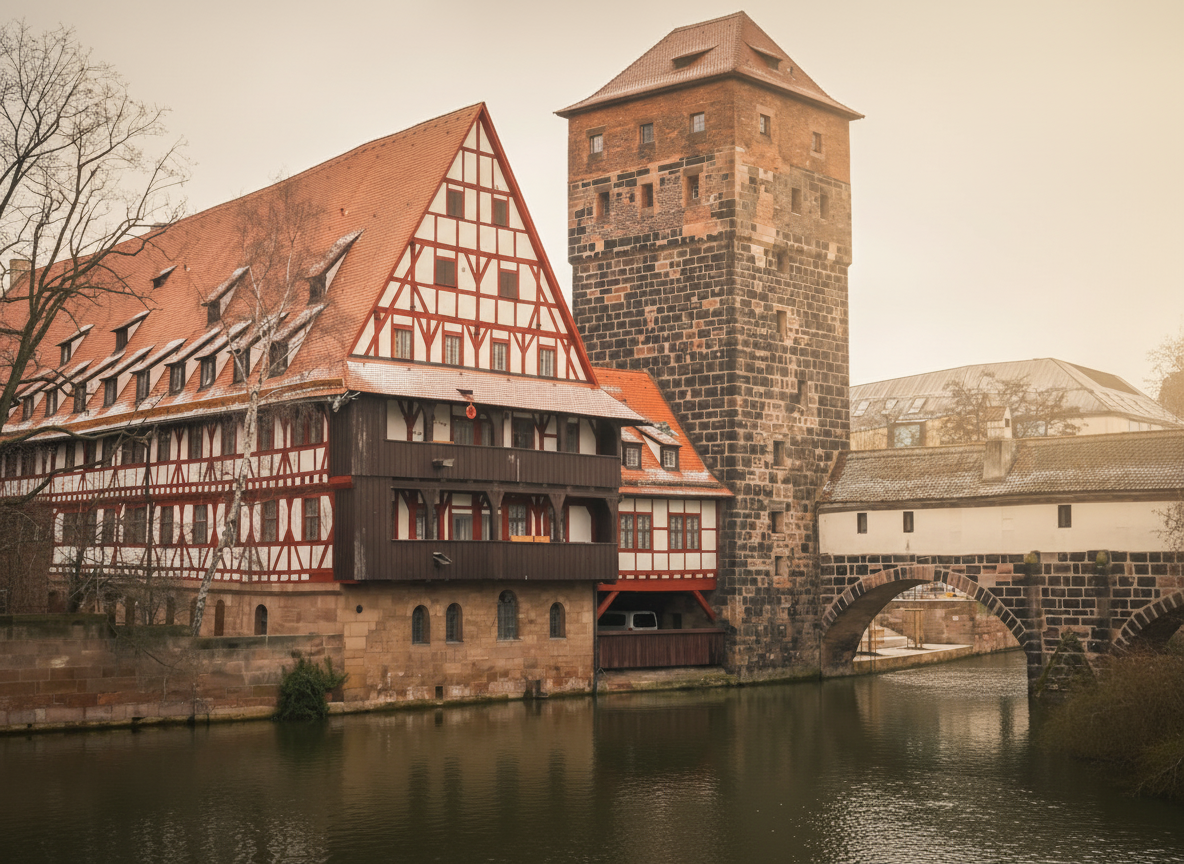 Fachwerkhaus und Steinturm am Flussufer in der Nürnberger Altstadt, davor eine Steinbrücke über das Wasser