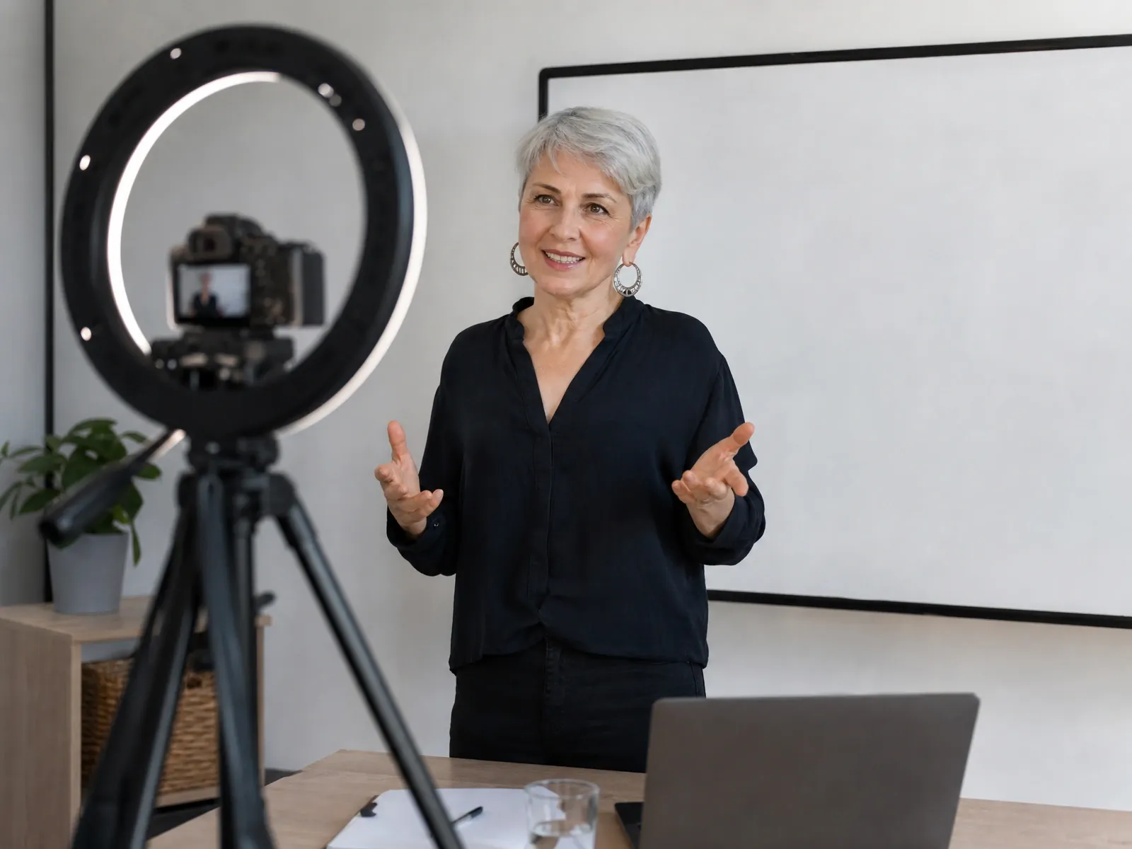 Online-Kurs erstellen und verkaufen: Trainerin filmt sich vor Ringlicht und Kamera