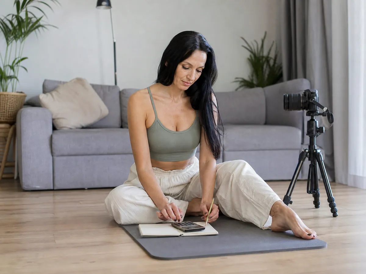 Yogalehrerin rechnet nach der Aufnahme ihres Online-Kurses die Einnahmen für die Umsatzsteuer durch