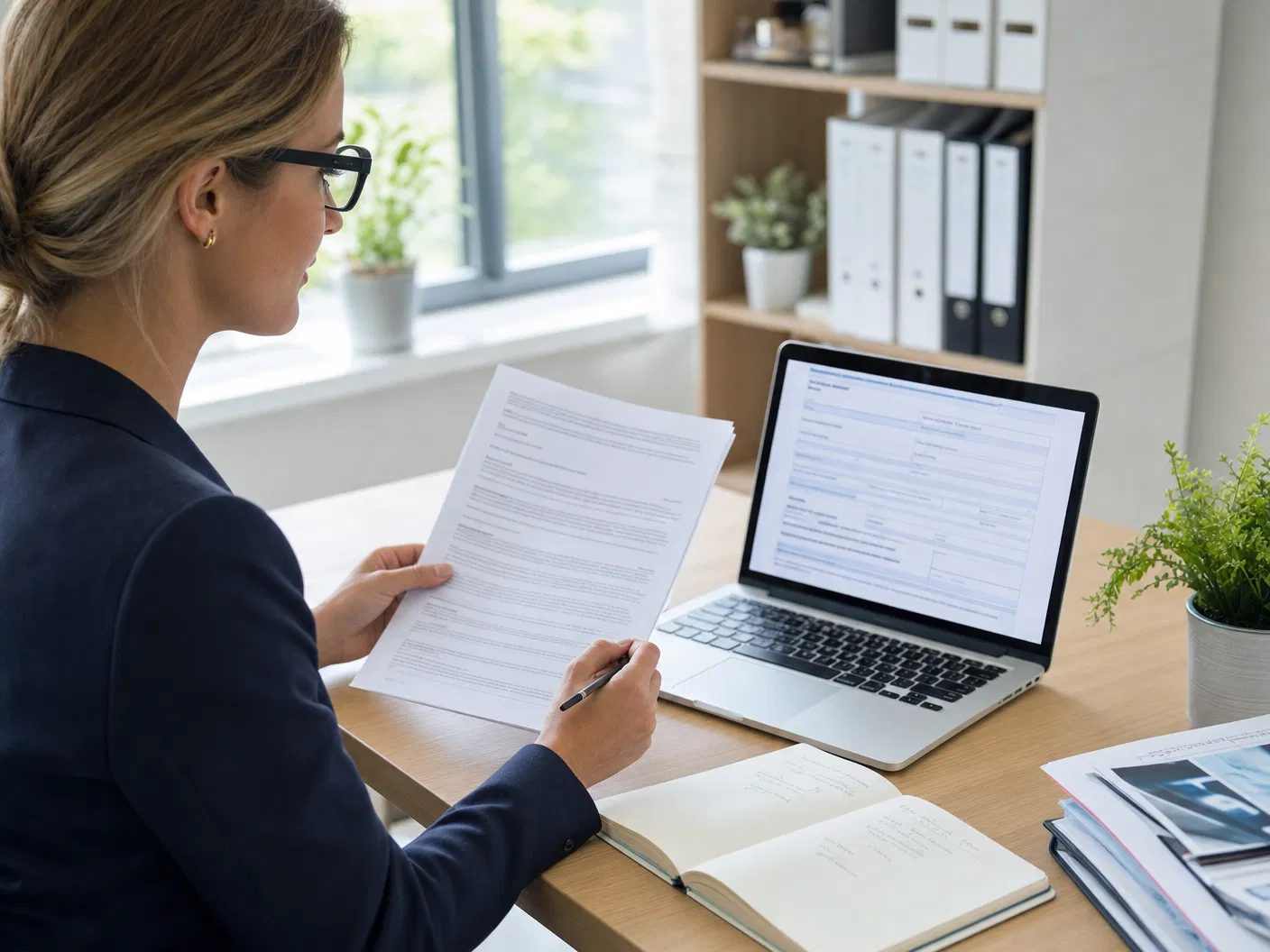 Frau mit Brille liest an einem hellen Schreibtisch ein Dokument, vor ihr ein aufgeklappter Laptop und ein Notizbuch