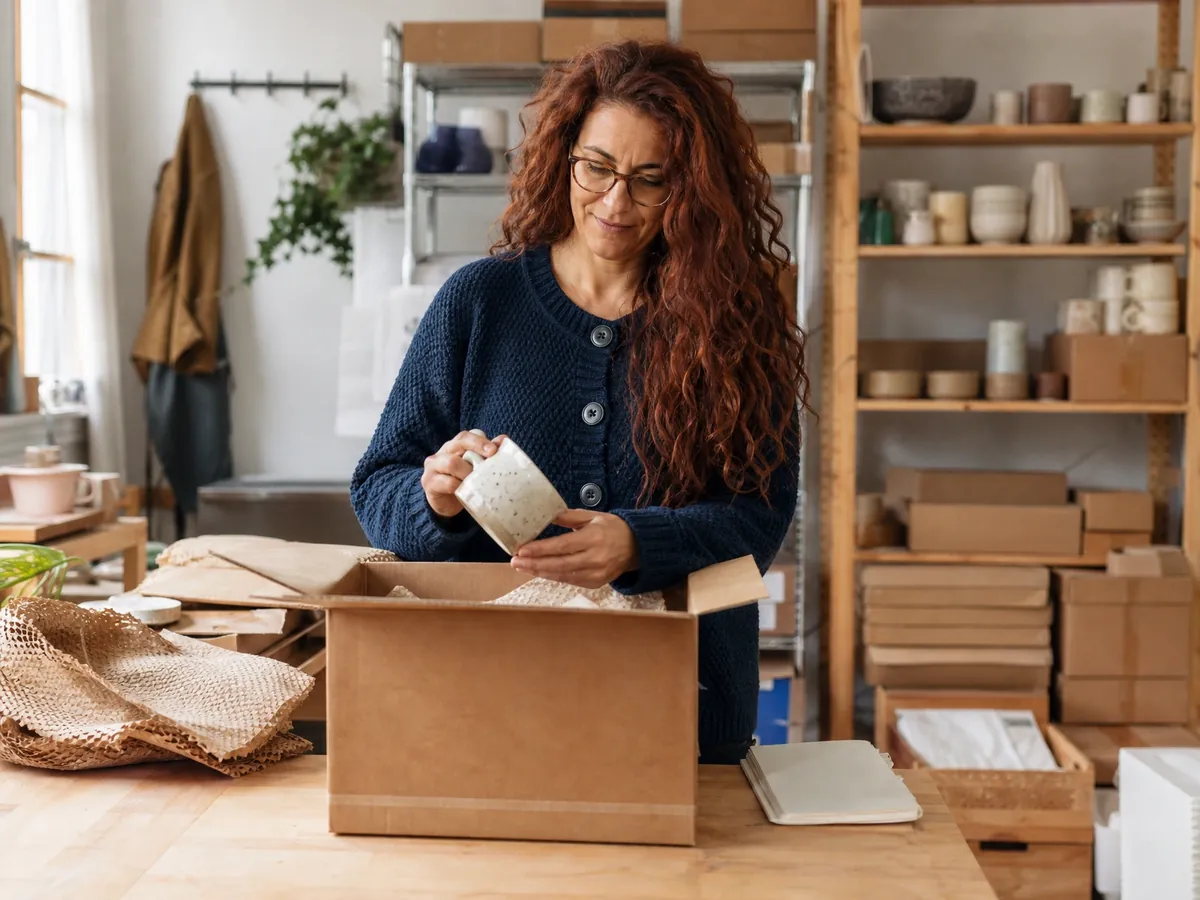 Betreiberin eines Onlineshops prüft an ihrem Packtisch eine Retoure nach dem Widerruf
