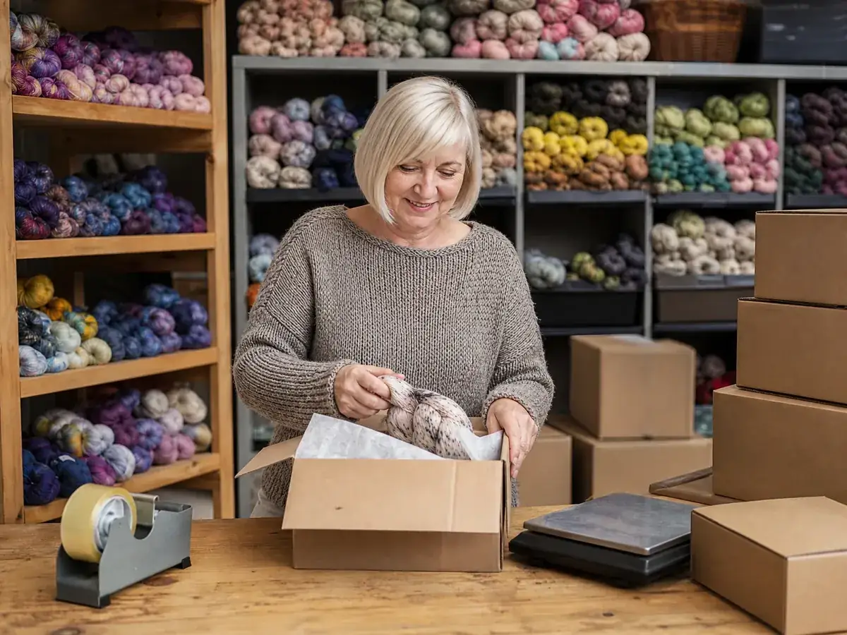 Gründerin eines Onlineshops verpackt in ihrem Lager handgefärbte Wolle für den Versand