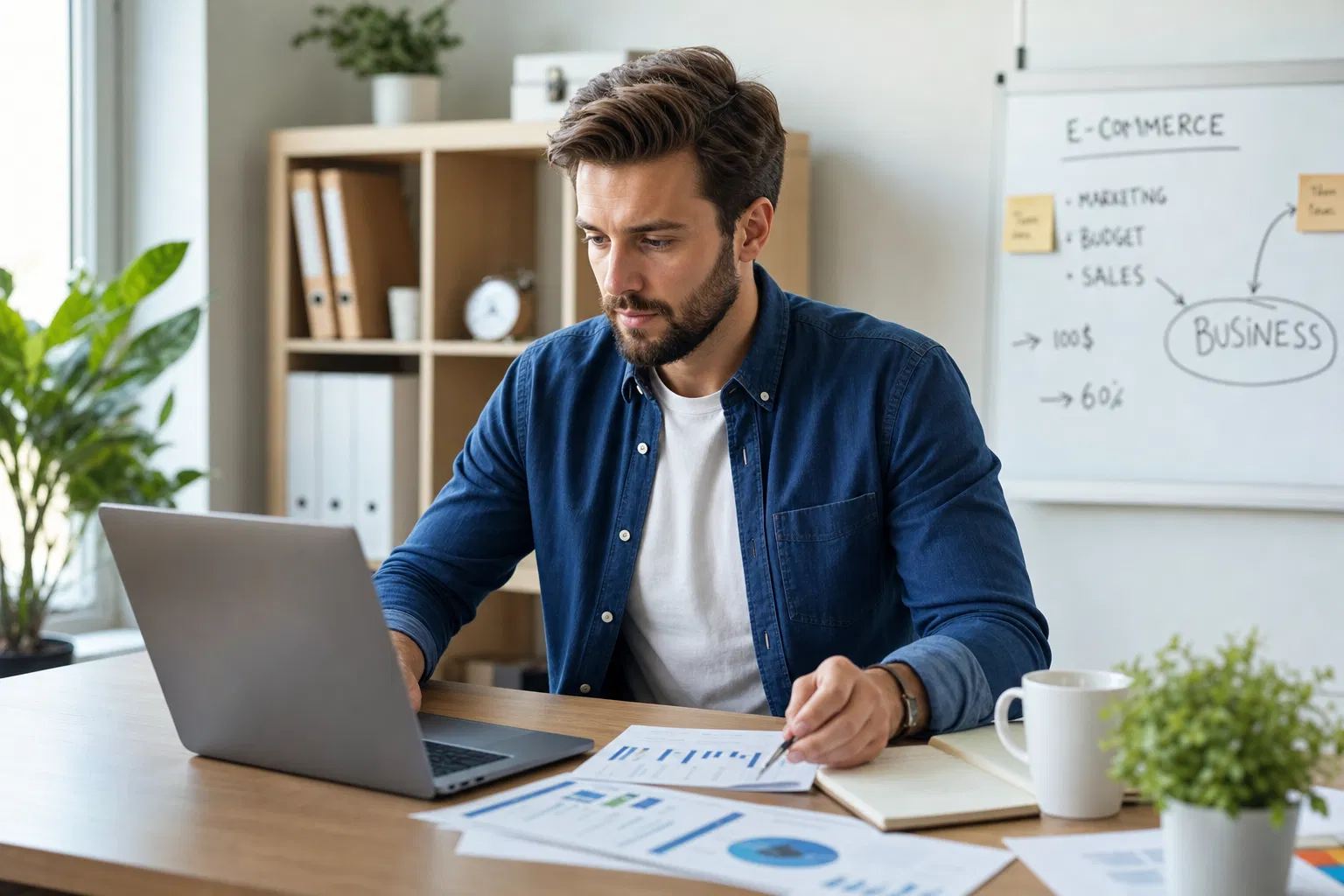 Mann im Jeanshemd plant am Laptop, auf dem Tisch Ausdrucke mit Diagrammen, im Hintergrund ein Whiteboard mit Stichworten zu Marketing, Budget und Sales