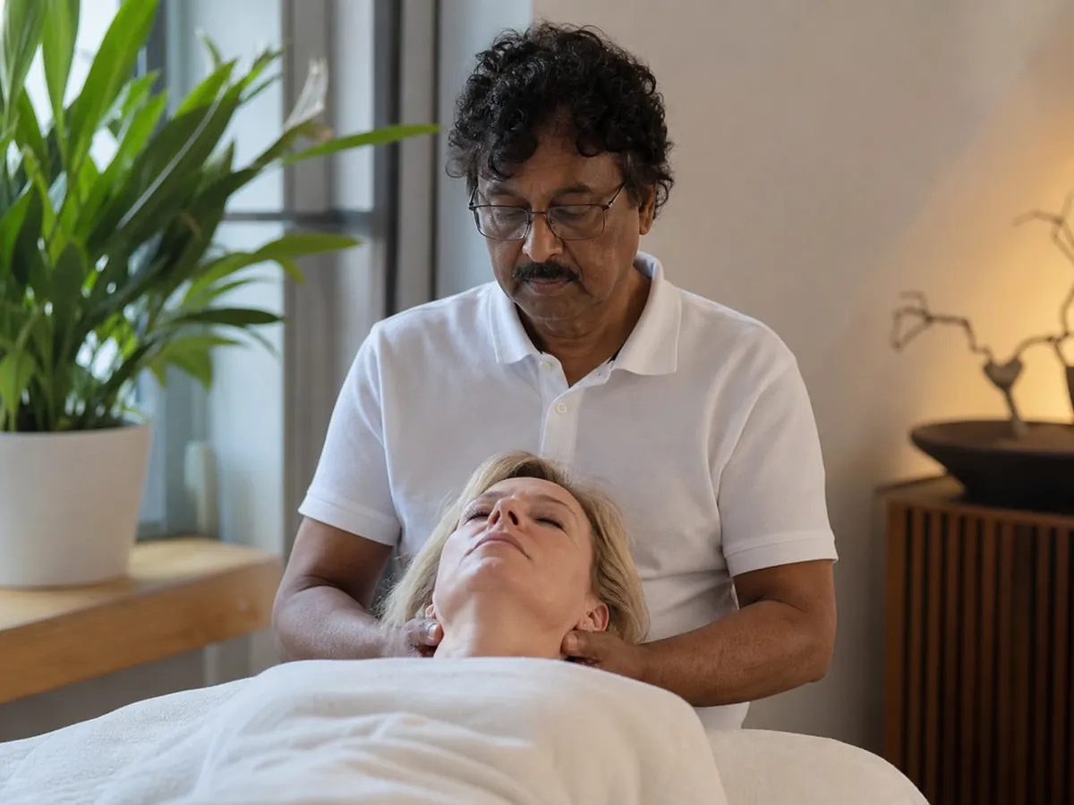 Osteopath legt in seiner Praxis die Hände an den Nacken einer liegenden Patientin