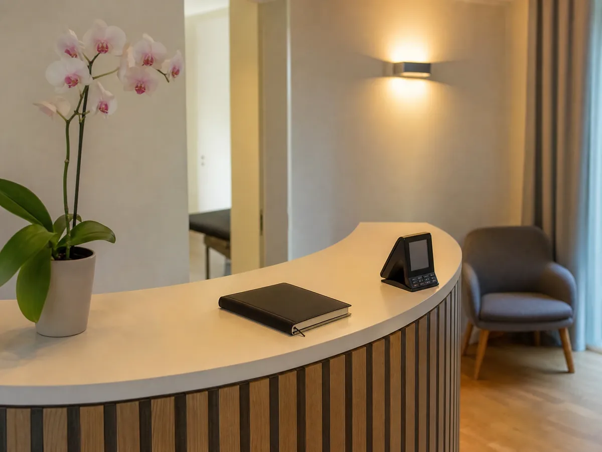 Empfangstresen einer Osteopathie-Praxis mit Kartenterminal, da Patienten die Behandlung selbst zahlen