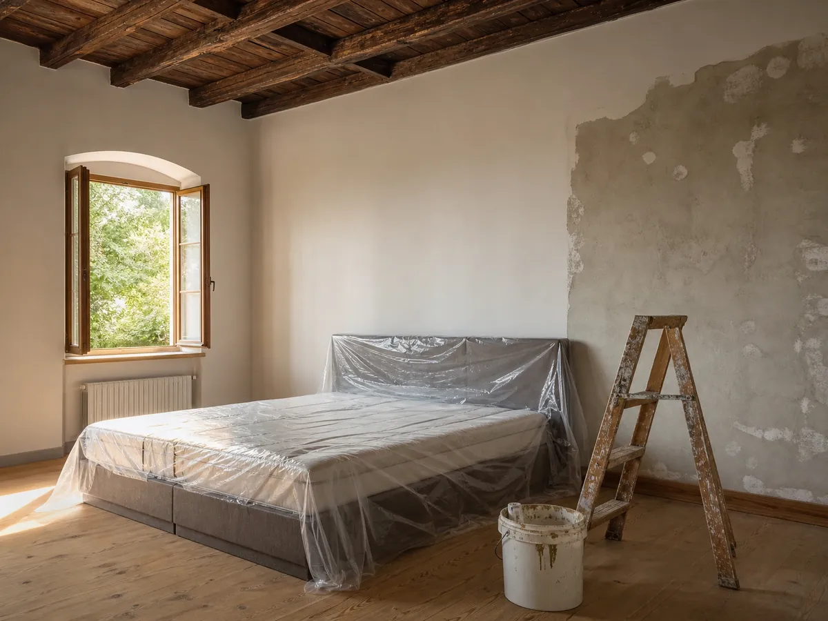 Gästezimmer einer künftigen Pension im Umbau mit abgedecktem Doppelbett und Malerleiter