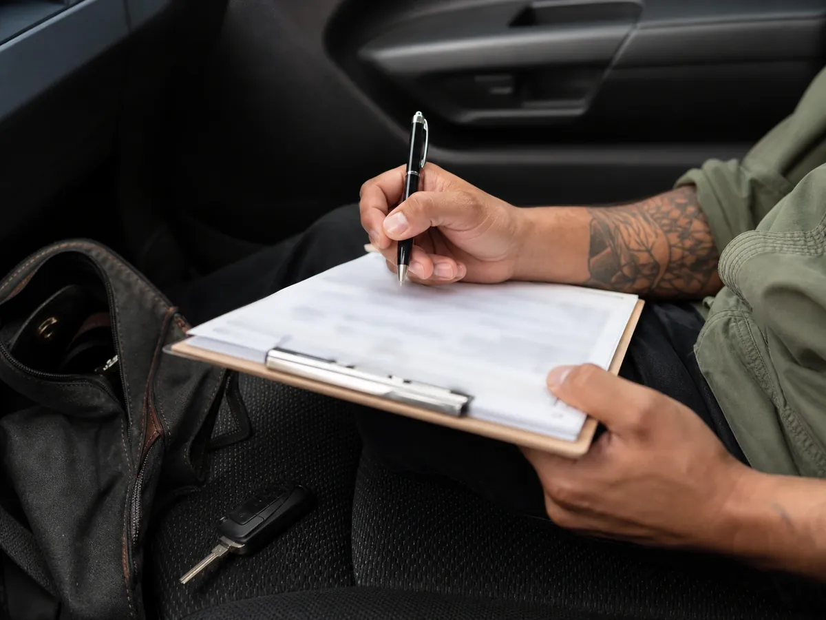 Pflegeberater dokumentiert im Auto einen Beratungsbesuch für die Abrechnung mit der Pflegekasse