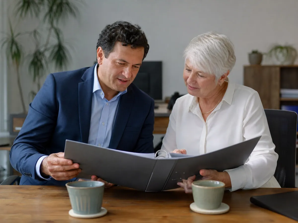 Käufer und scheidende Inhaberin sprechen im Büro über den Kaufpreis des Pflegedienstes