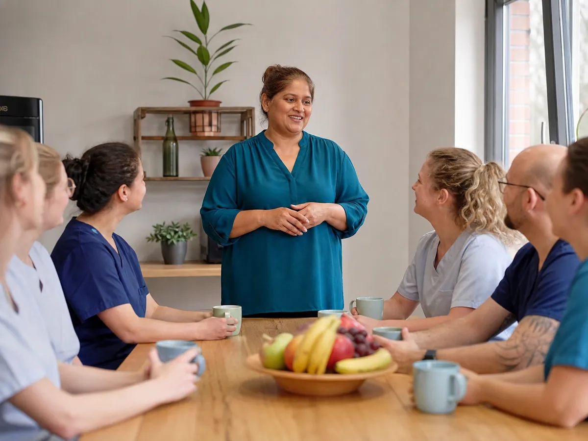 Neue Inhaberin stellt sich nach der Übernahme des Pflegedienstes dem Pflegeteam vor