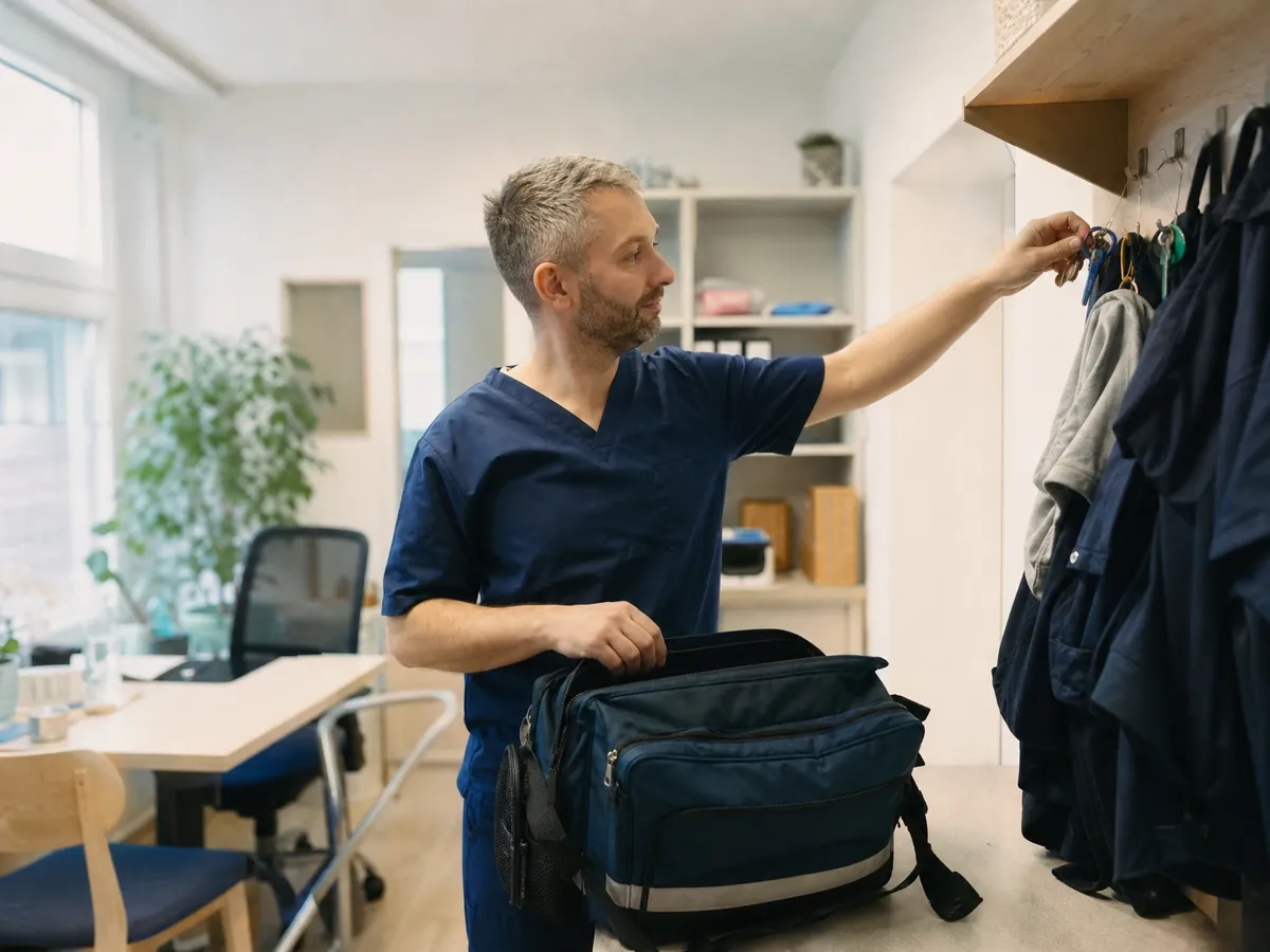 Pflegefachkraft bereitet im Dienstzimmer des übernommenen Pflegedienstes die Frühtour vor