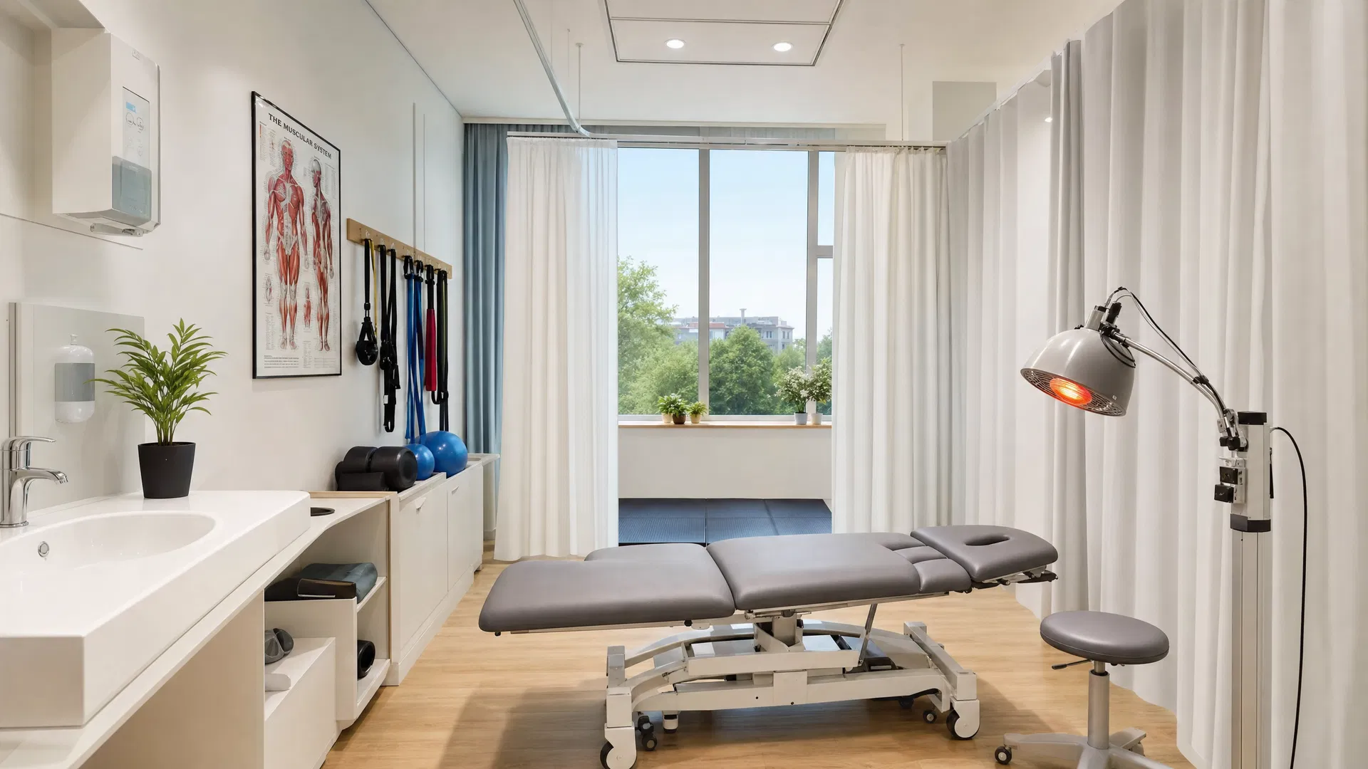 Behandlungsraum mit höhenverstellbarer Liege, Rotlichtlampe, Waschbecken und Trainingsbändern an der Wand