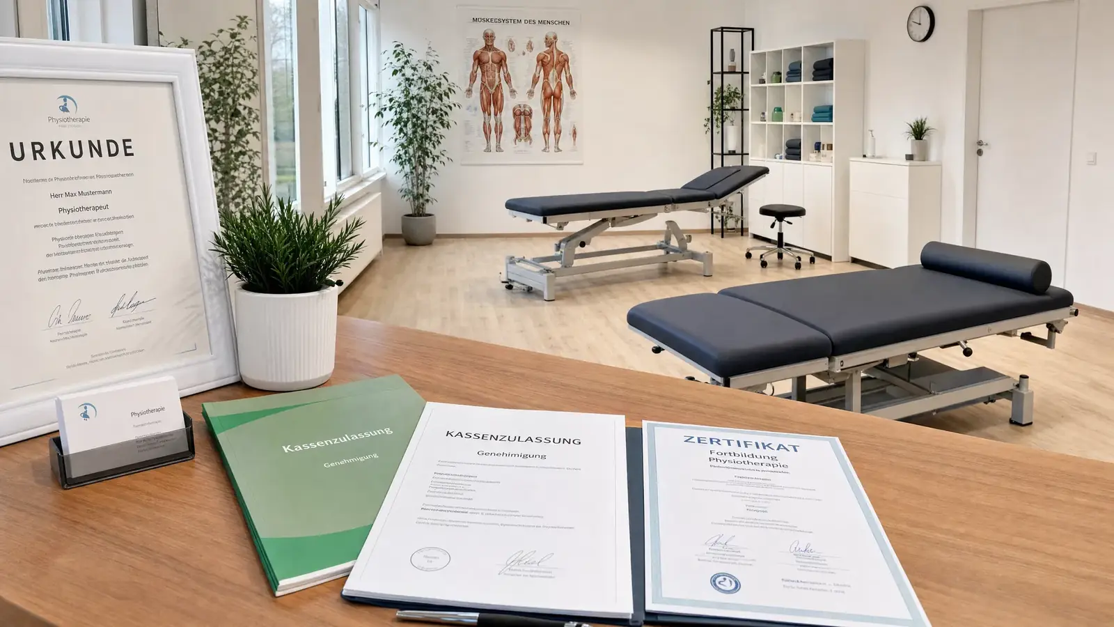 Heller Behandlungsraum mit zwei Therapieliegen, im Vordergrund Berufsurkunde, Kassenzulassung und Fortbildungszertifikat auf dem Empfangstresen