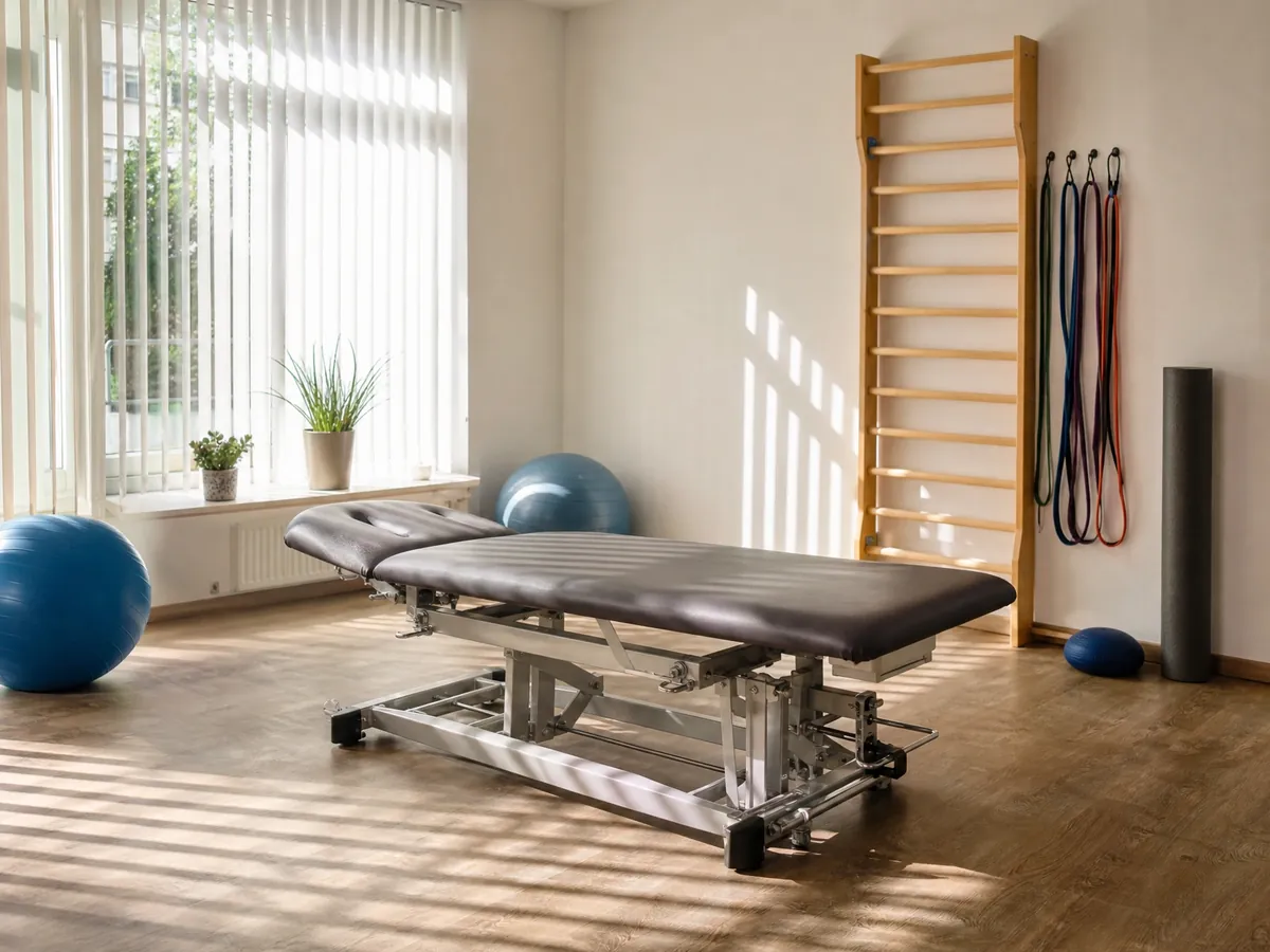 Behandlungsraum einer Physiotherapiepraxis mit Liege und Sprossenwand vor dem Inhaberwechsel