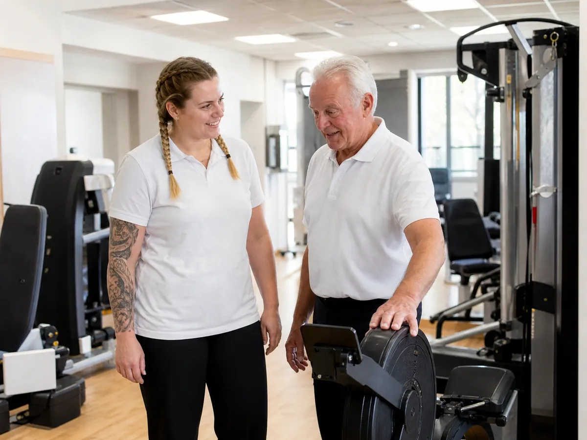 Physiotherapeutin besichtigt mit dem Inhaber den Trainingsraum der Praxis, die sie übernehmen will