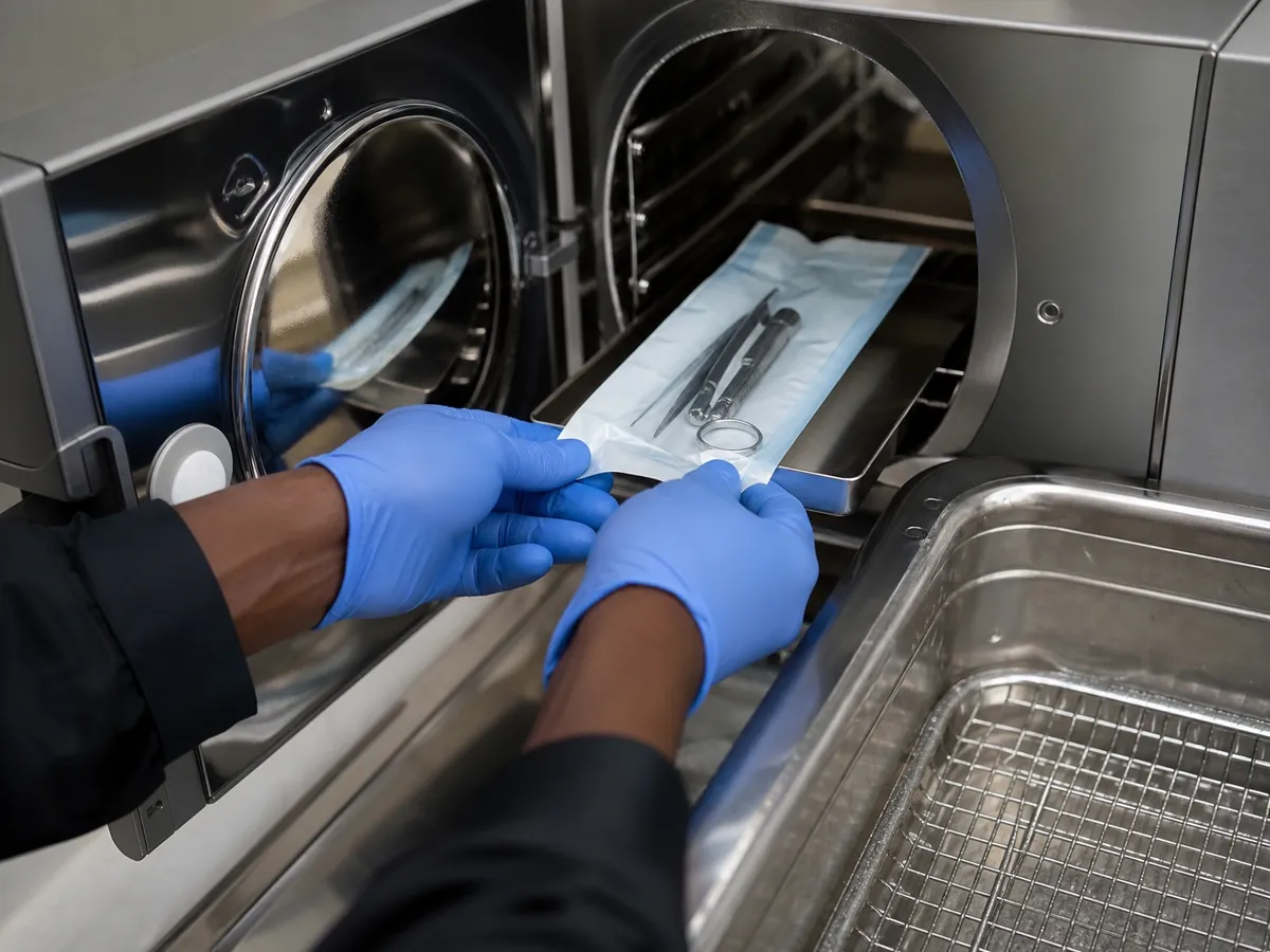 Hände legen im Piercingstudio verpackte Instrumente zur Sterilisation in den Autoklav