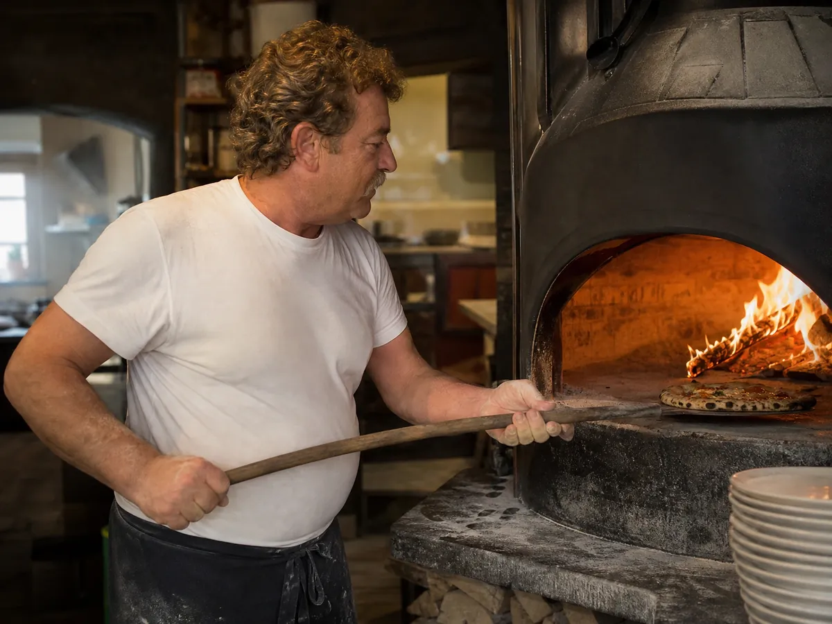Pizzaiolo schiebt in seiner neuen Pizzeria eine neapolitanische Pizza in den Holzofen