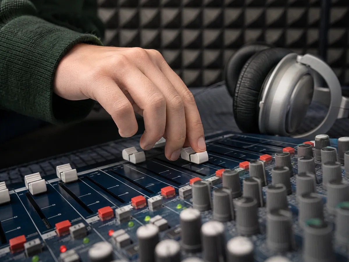 Hände regeln am Mischpult die Musikspur für eine Podcastfolge mit lizenzierter Musik