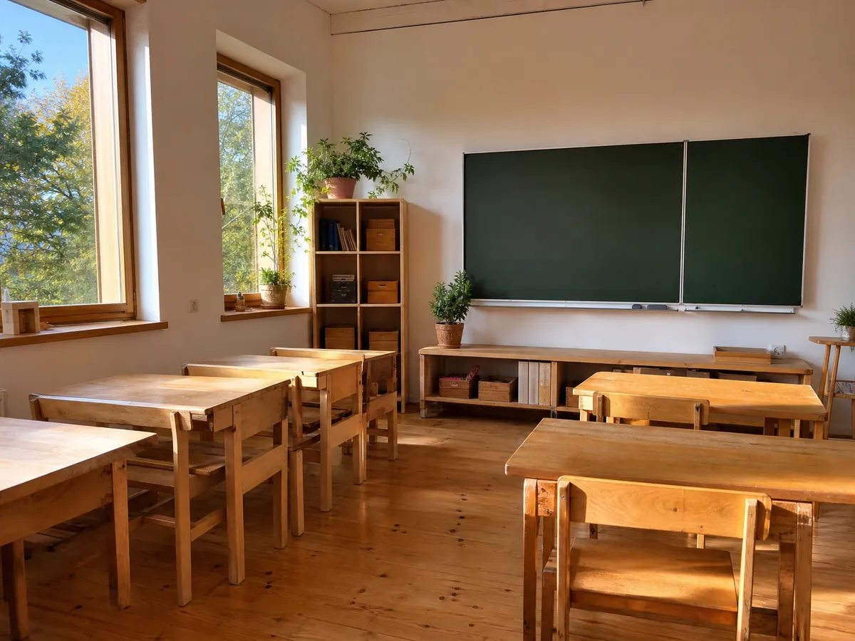 Frisch renoviertes Klassenzimmer einer neuen Privatschule vor dem ersten Schuljahr