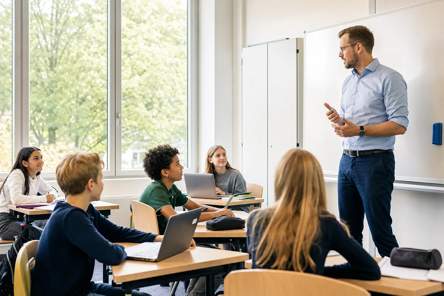 Lehrer unterrichtet eine kleine Klasse in einem hellen Klassenzimmer, Schüler sitzen mit Laptops an Tischen