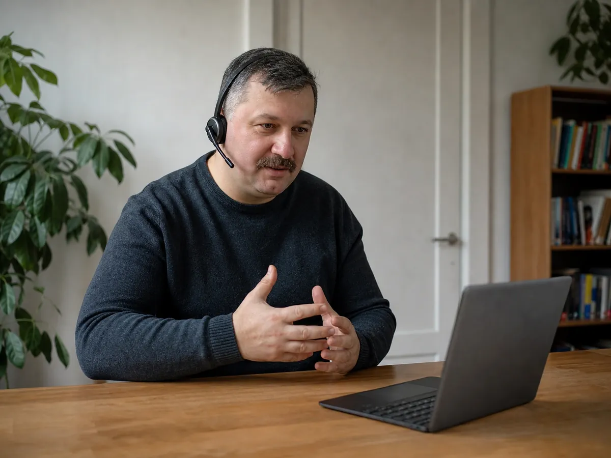 Psychologe führt in einem geschützten Arbeitszimmer eine Beratung per Video durch
