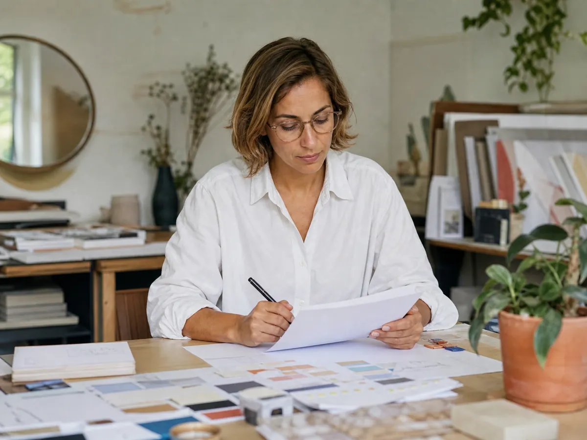 Grafikdesignerin prüft in ihrem Atelier vor dem Versand die Pflichtangaben ihrer Rechnung