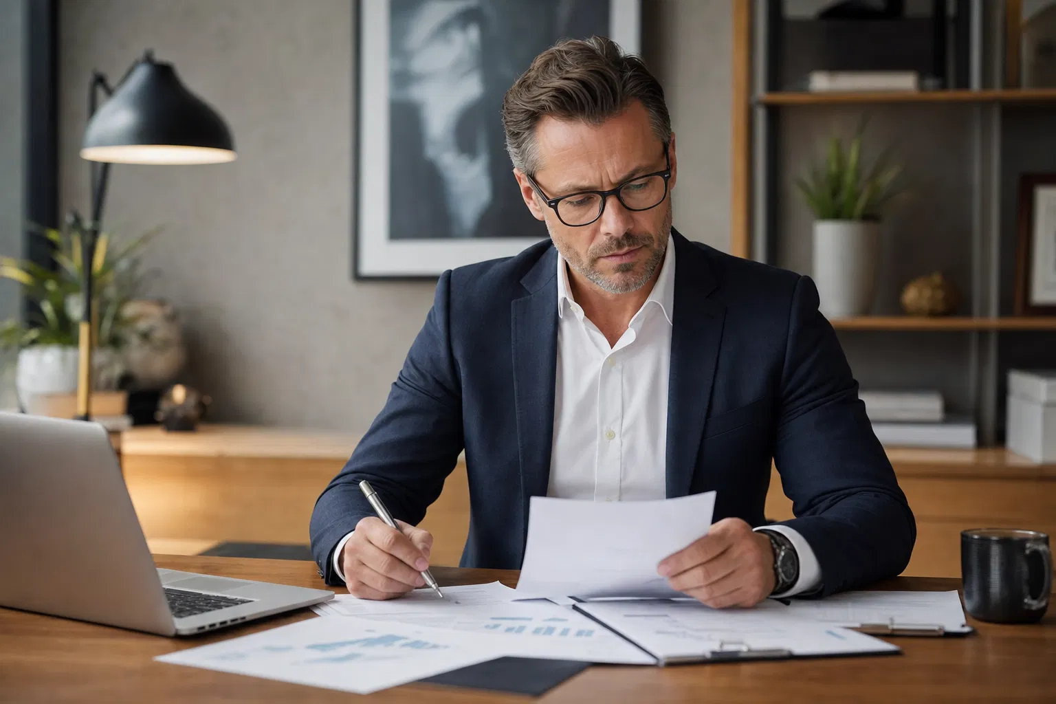 Unternehmer mit Brille prüft am Schreibtisch Unterlagen mit Diagrammen, daneben ein aufgeklappter Laptop