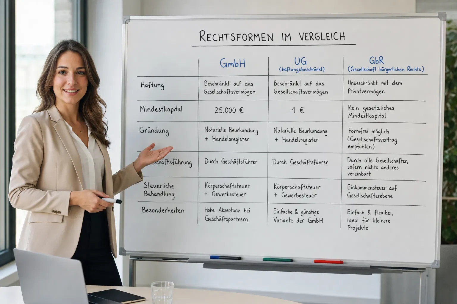 Frau zeigt auf ein Whiteboard mit der Überschrift Rechtsformen im Vergleich und einer Tabelle zu GmbH, UG und GbR