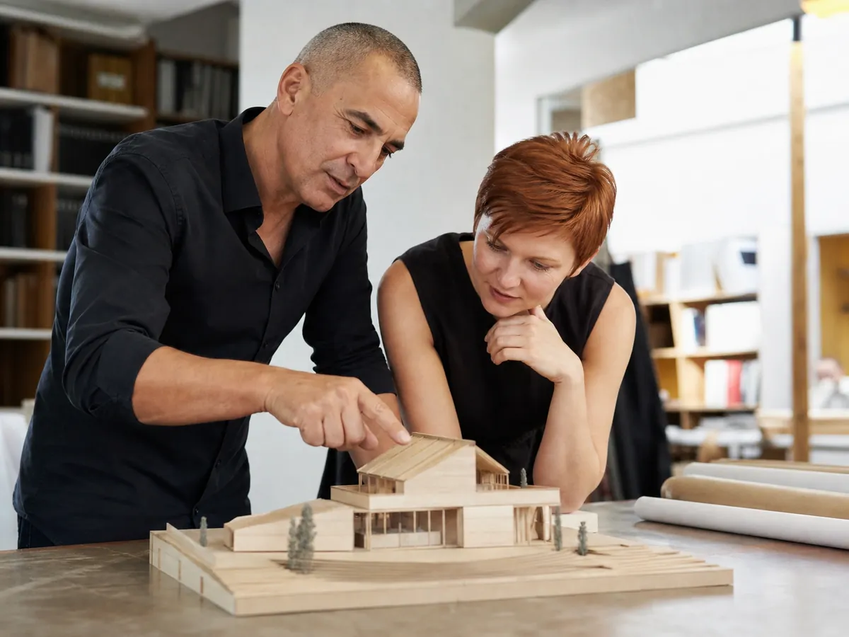 Zwei Architekten einer Partnerschaftsgesellschaft besprechen in ihrem Büro ein Gebäudemodell