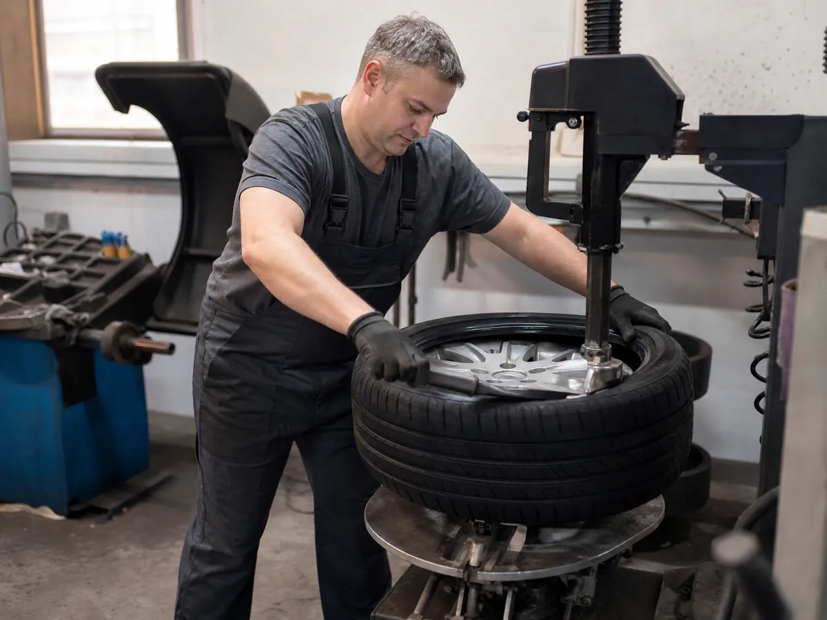 Mechaniker zieht in seinem Reifenservice einen neuen Reifen mit der Montiermaschine auf