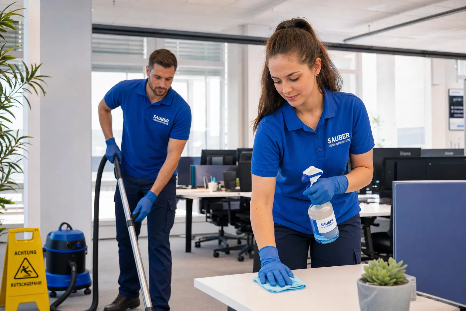 Zwei Reinigungskräfte in blauen Poloshirts reinigen ein Großraumbüro, eine wischt einen Schreibtisch ab, einer saugt