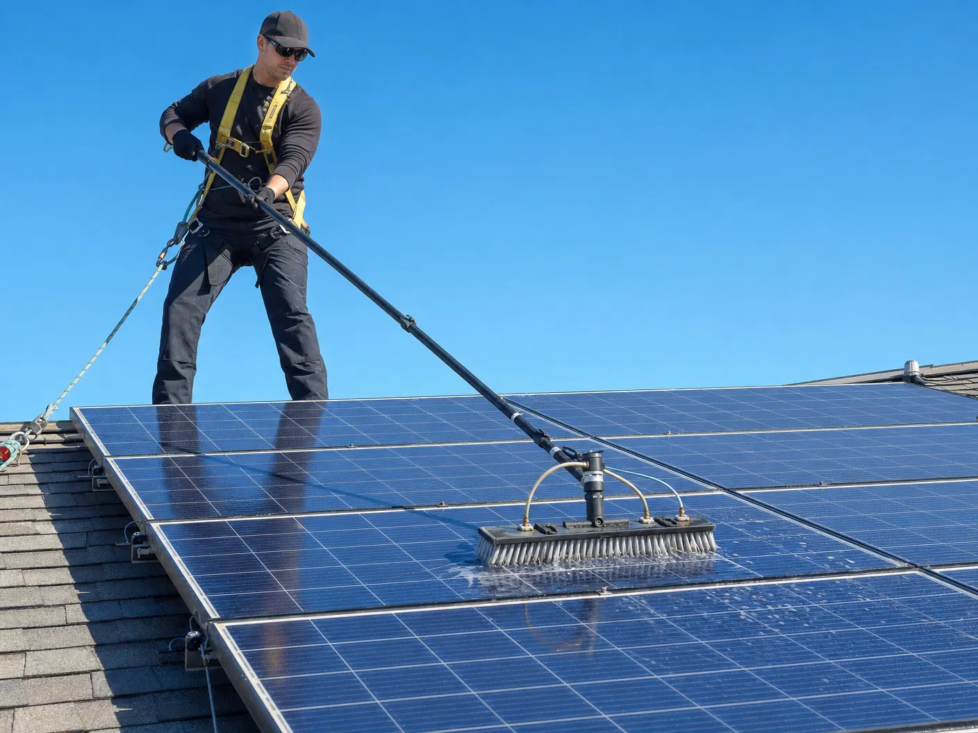 Arbeiter mit Sicherungsseil reinigt mit einer langen Bürste Solarmodule auf einem Dach
