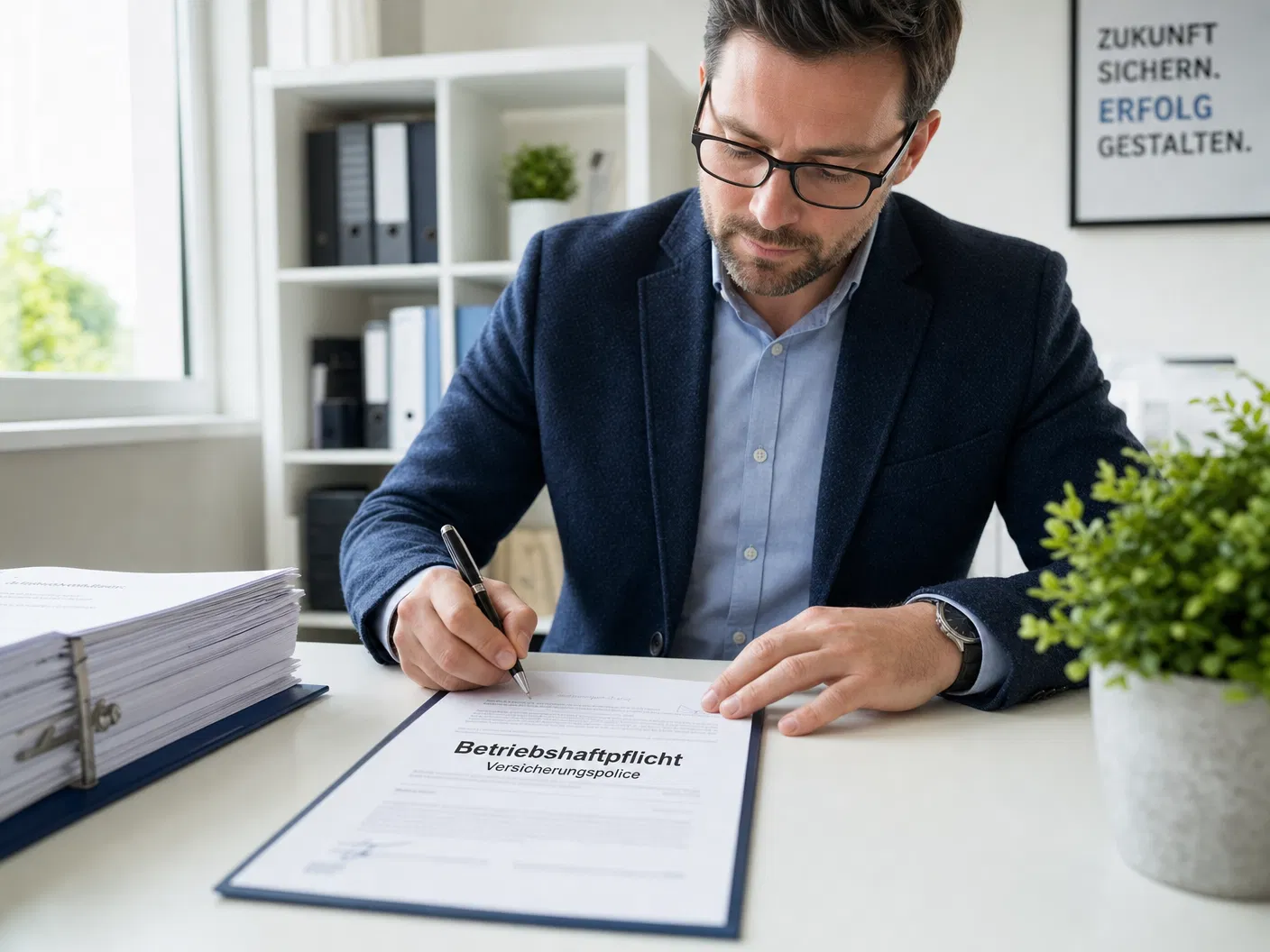 Mann im Sakko unterschreibt am Schreibtisch einen Vertrag mit der Überschrift Betriebshaftpflicht