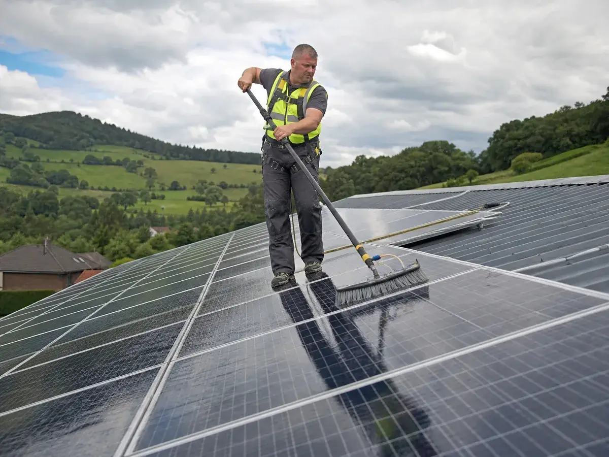 Gebäudereiniger reinigt Photovoltaikmodule auf einem Scheunendach als Spezialisierung seiner Firma