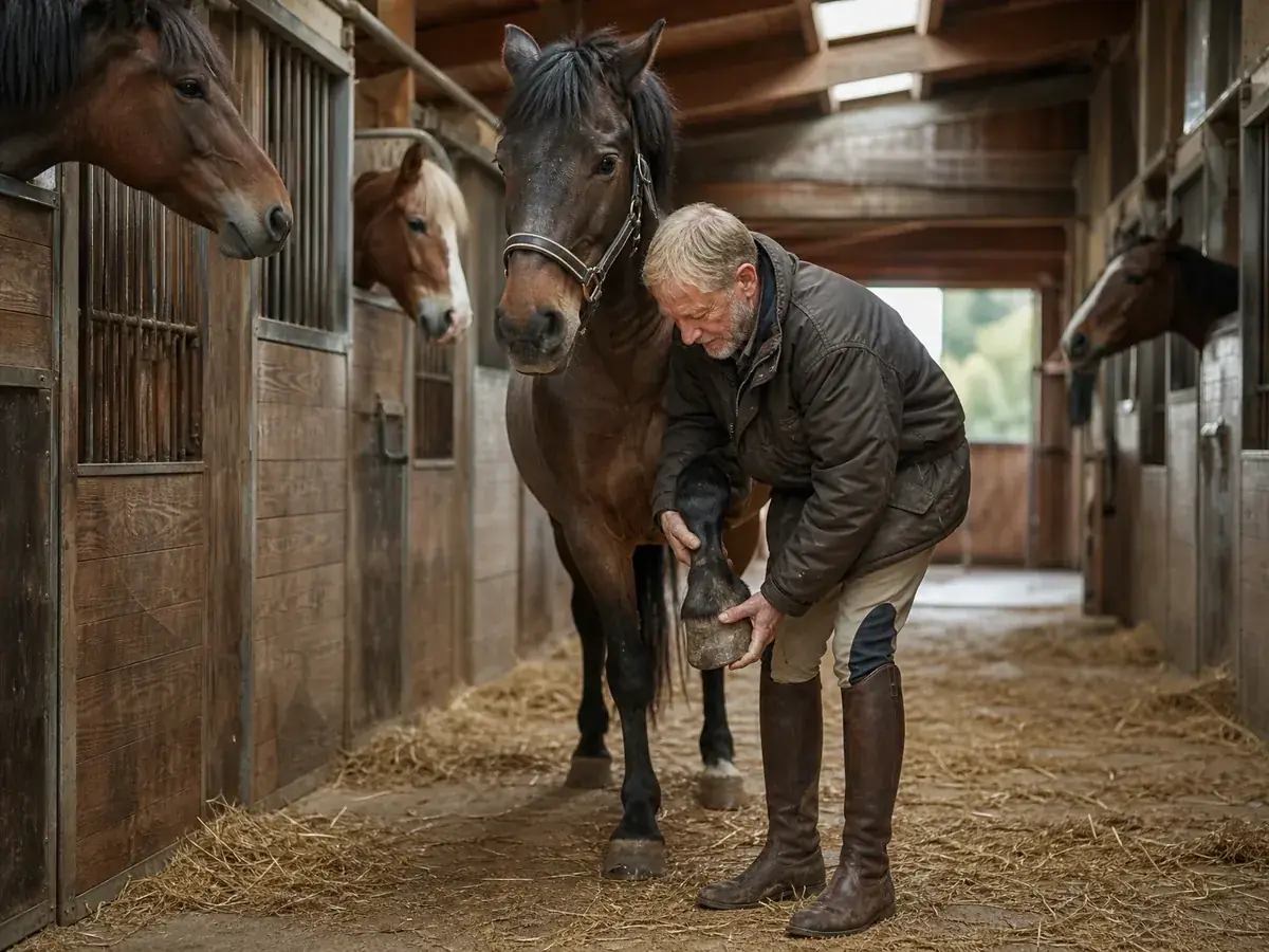 Reitlehrer kontrolliert im Stall der Reitschule den Huf eines Schulpferds