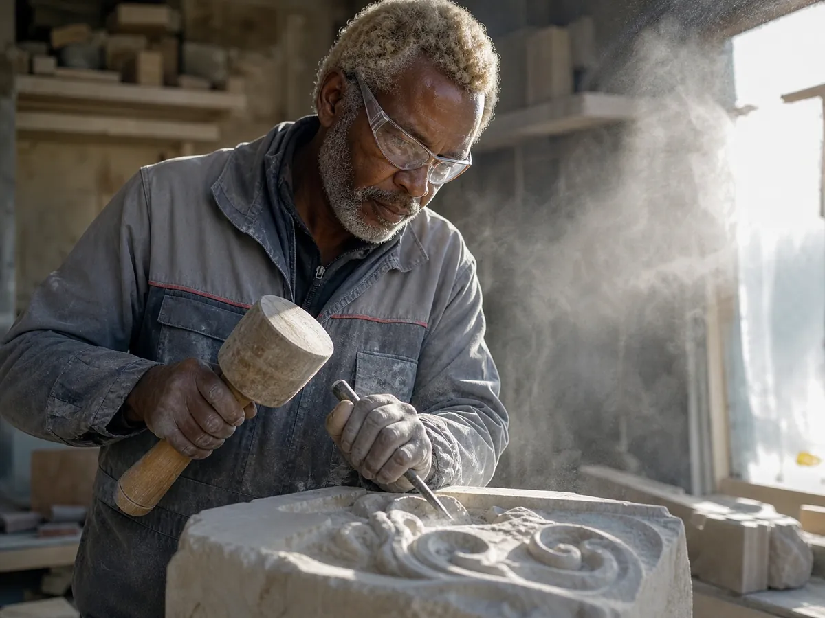 Steinmetzmeister bearbeitet in seiner Werkstatt einen Sandsteinblock, Handwerk mit Rentenpflicht