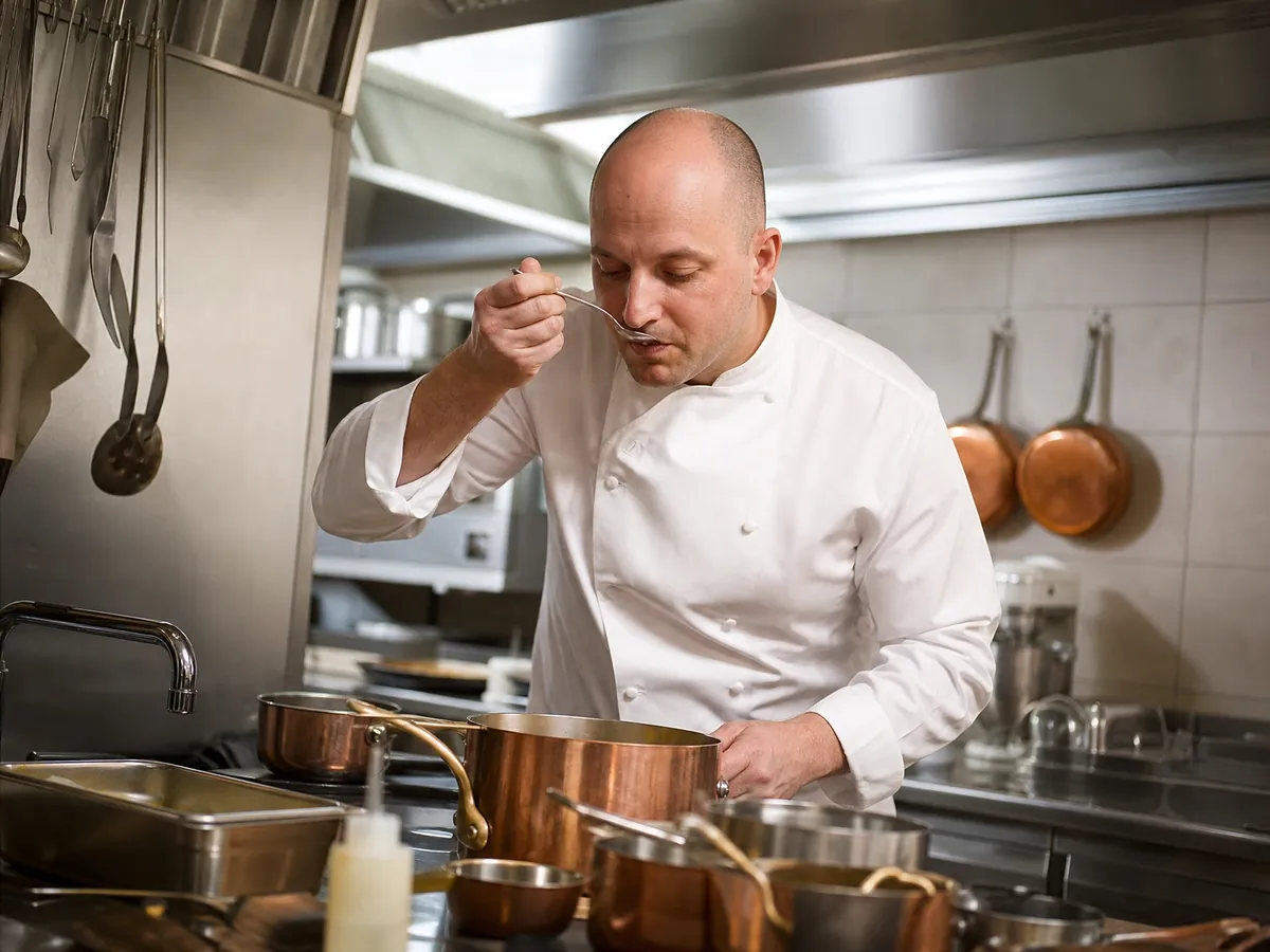 Gründer schmeckt in der Küche seines künftigen Restaurants eine Sauce ab