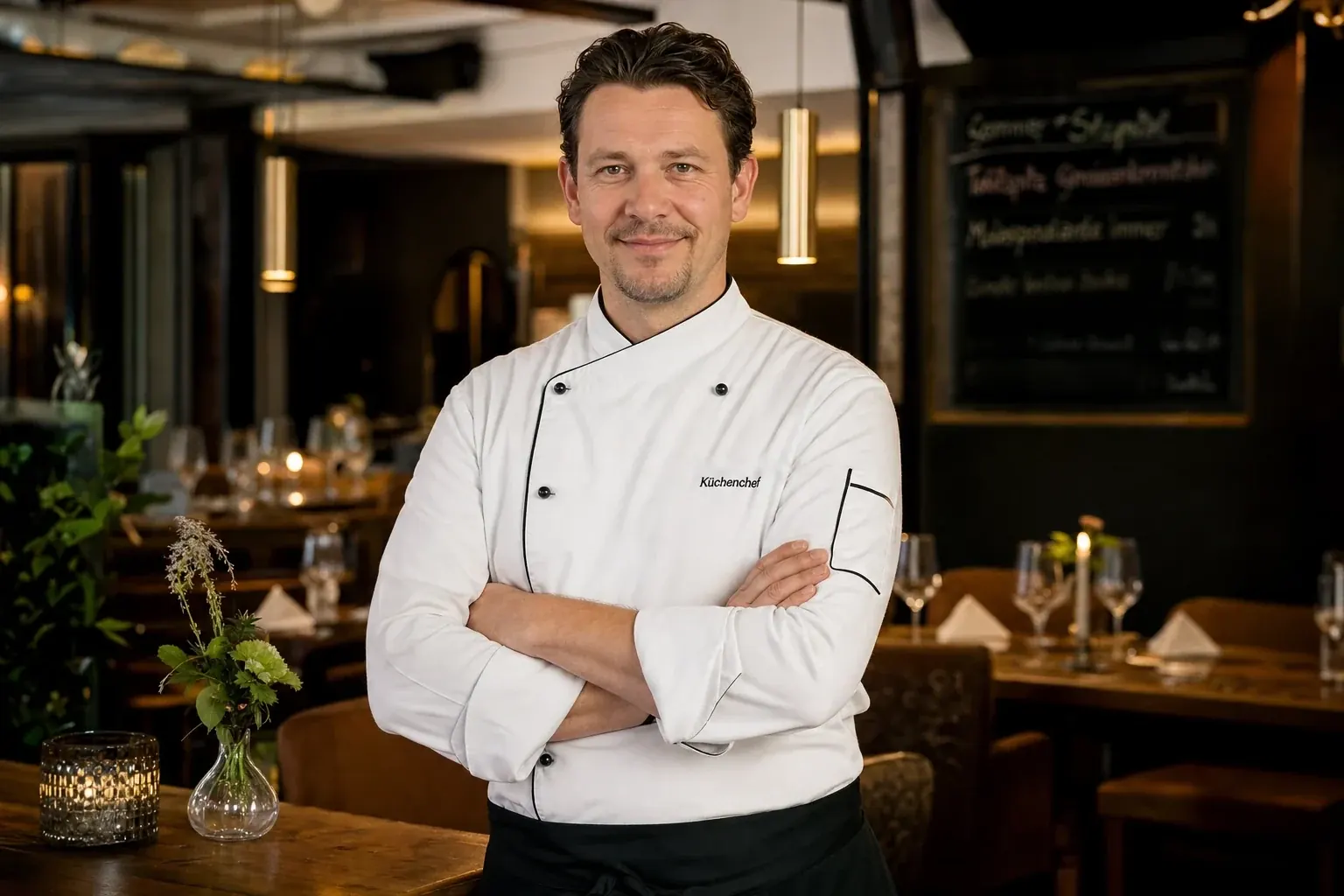 Küchenchef in weißer Kochjacke steht mit verschränkten Armen in seinem Restaurant, dahinter gedeckte Tische und eine Kreidetafel