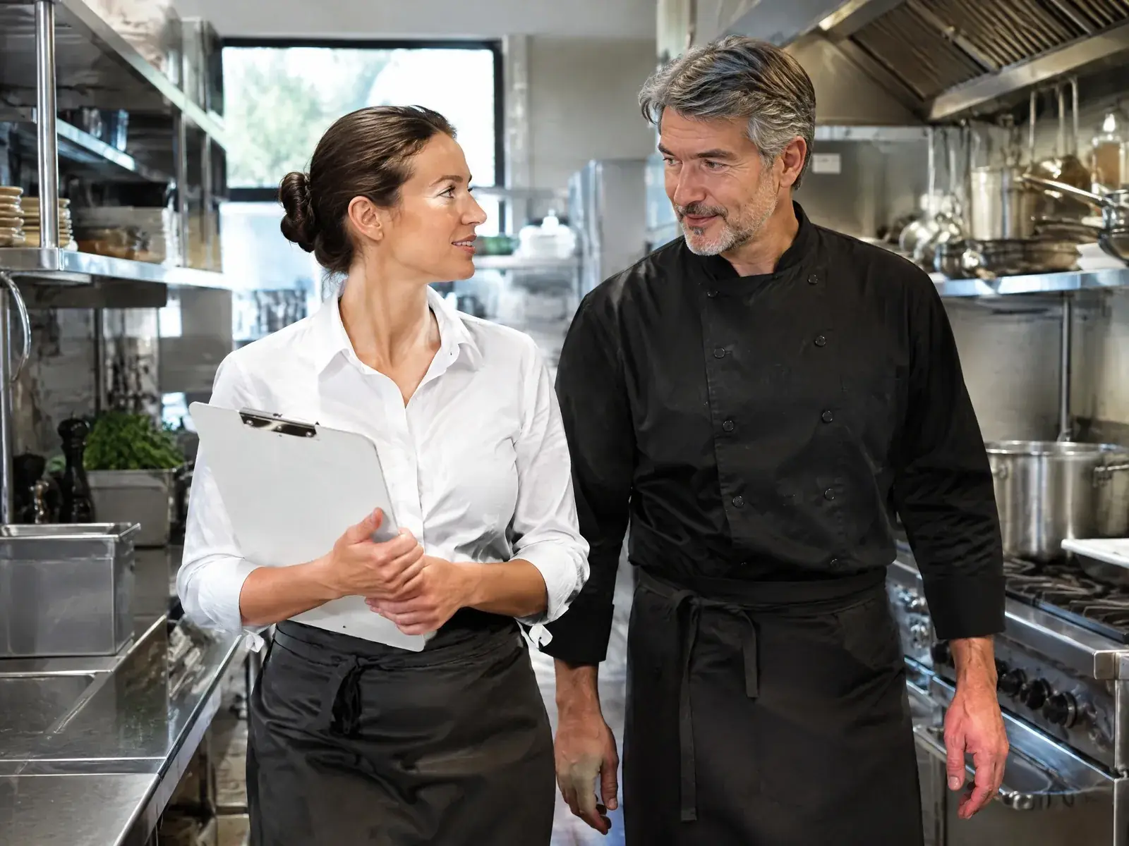 Restaurant übernehmen: Neue Inhaberin mit Klemmbrett und Vorbesitzer in der Restaurantküche